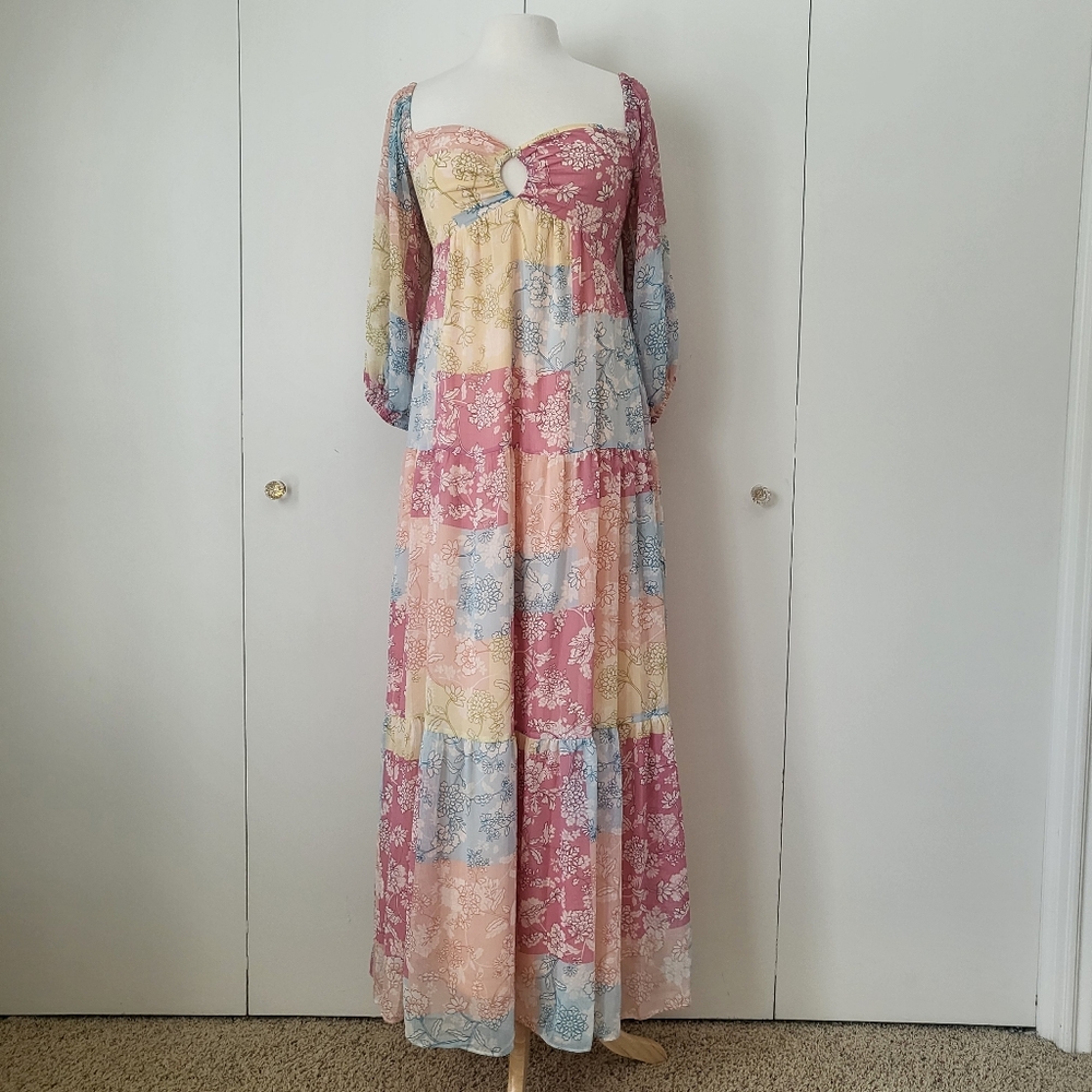 Taylor Floral Patchwork Print Multicolor Maxi Dress Boho Sheer Size 4